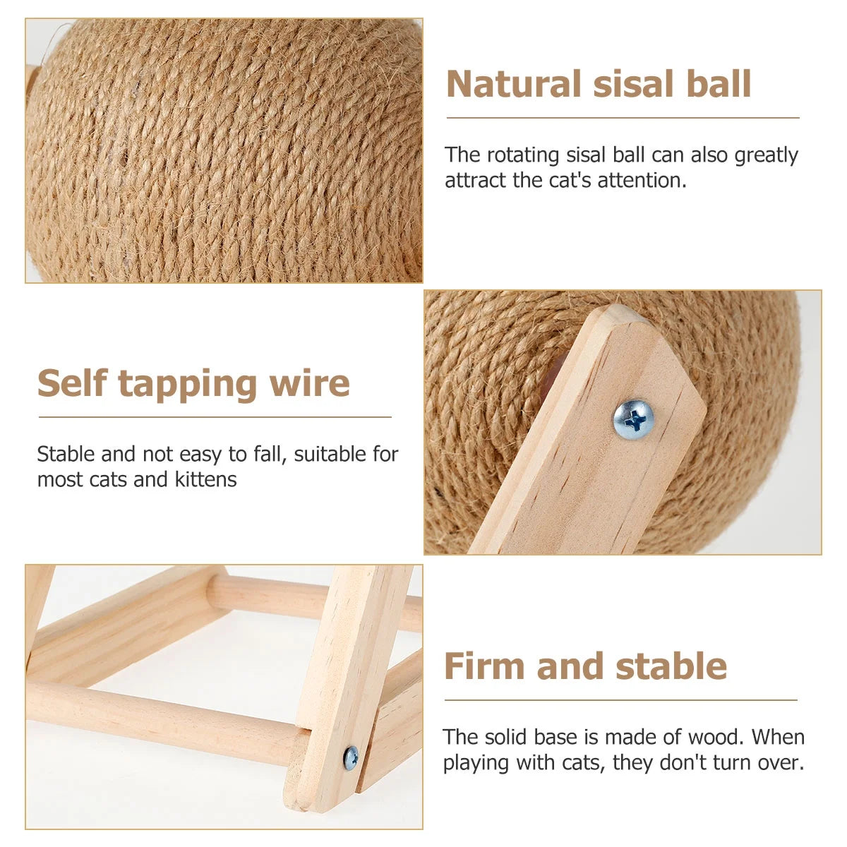 Cat Scratching Ball Natural Sisal Cat Scratcher Toy with Catnip Interactive Solid Wood Scratcher Ball 7x7x6.3 Inch Cat Scratch Post with Rotatable Ball for Indoor Cats and Kitten