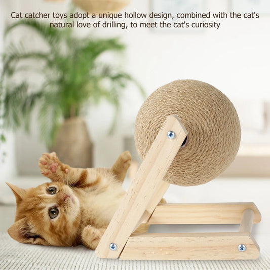Cat Scratching Ball Natural Sisal Cat Scratcher Toy with Catnip Interactive Solid Wood Scratcher Ball 7x7x6.3 Inch Cat Scratch Post with Rotatable Ball for Indoor Cats and Kitten