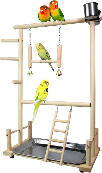 FantasyDay Bird Play Stand, Natural Wooden Bird Playground Birds Gym Bird Toy Accessories with Stainless Steel Feeding Stair Swing for Parrots