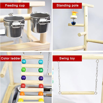 FantasyDay Bird Play Stand, Natural Wooden Bird Playground Birds Gym Bird Toy Accessories with Stainless Steel Feeding Stair Swing for Parrots
