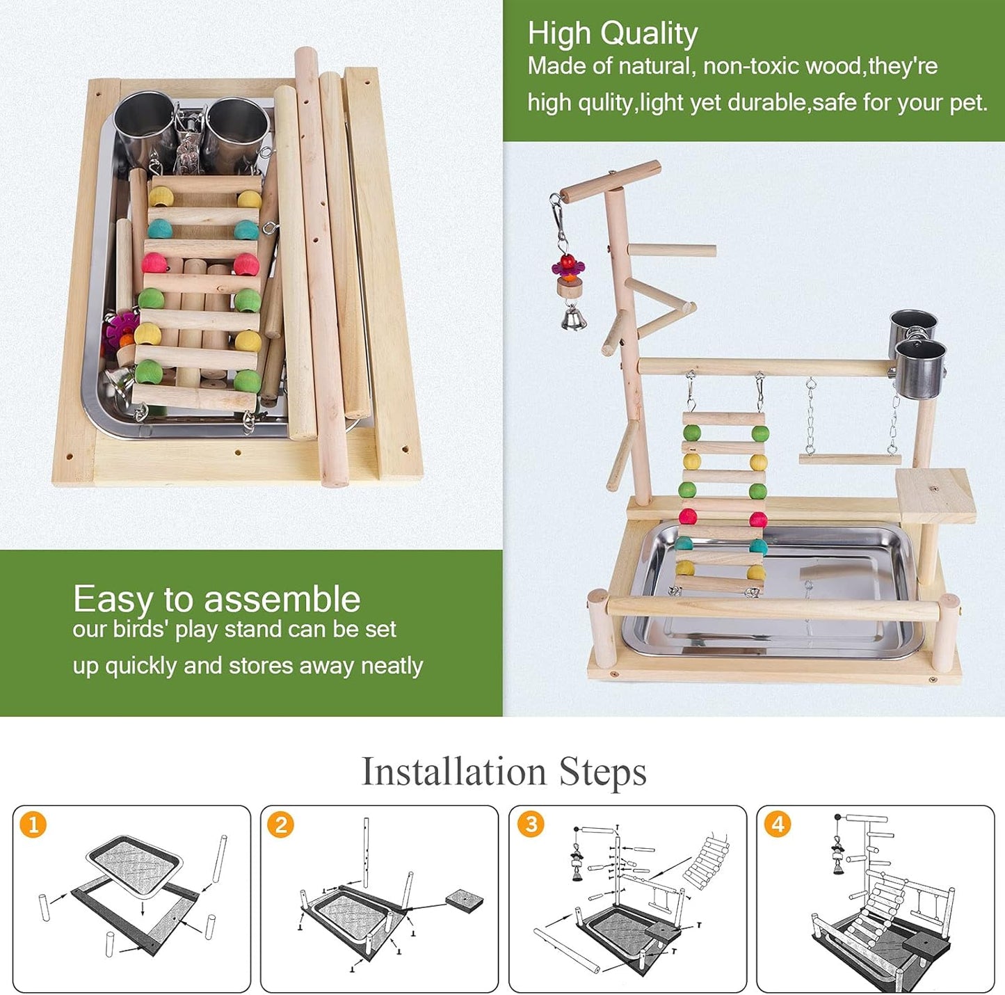 FantasyDay Bird Play Stand, Natural Wooden Bird Playground Birds Gym Bird Toy Accessories with Stainless Steel Feeding Stair Swing for Parrots