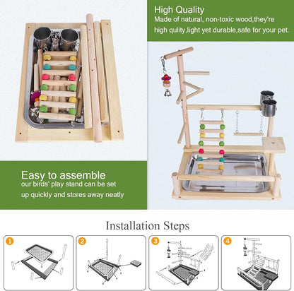 FantasyDay Bird Play Stand, Natural Wooden Bird Playground Birds Gym Bird Toy Accessories with Stainless Steel Feeding Stair Swing for Parrots
