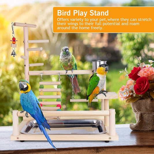FantasyDay Bird Play Stand, Natural Wooden Bird Playground Birds Gym Bird Toy Accessories with Stainless Steel Feeding Stair Swing for Parrots