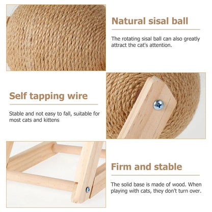 Cat Scratching Ball Natural Sisal Cat Scratcher Toy with Catnip Interactive Solid Wood Scratcher Ball 7x7x6.3 Inch Cat Scratch Post with Rotatable Ball for Indoor Cats and Kitten